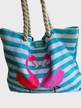 Limited Too Flamingo Beach Tote Y2K Striped Canvas Bag Pink Blue
